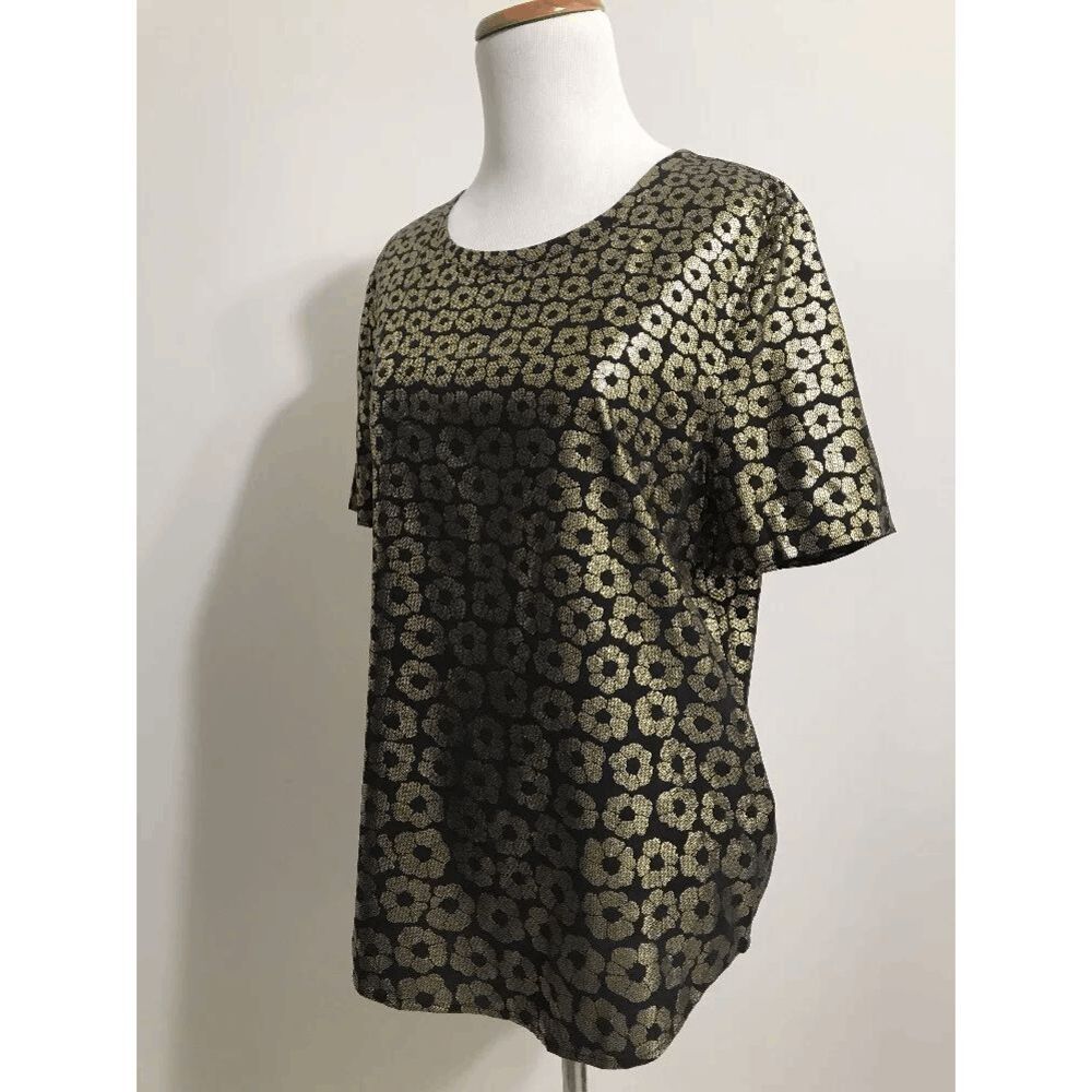 $228 EQUIPMENT FEMME Metallic Flowers RILEY TEE Top SILK‎ True Black Gold S